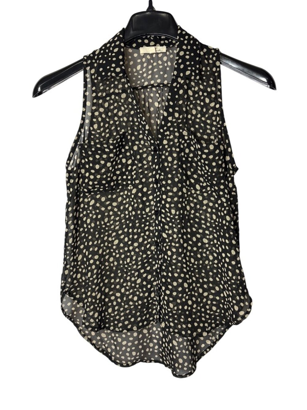 Lush Sheer Button Front High Low Top Size XS Sleeveless Black Beige